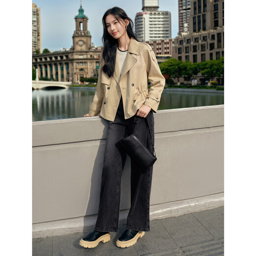 Jiuzi Annako Retro British Style Lapel Collar Drawstring Short Ageless Windbreaker Jacket Women's Autumn Khaki - Second Batch KWFQ41203 M