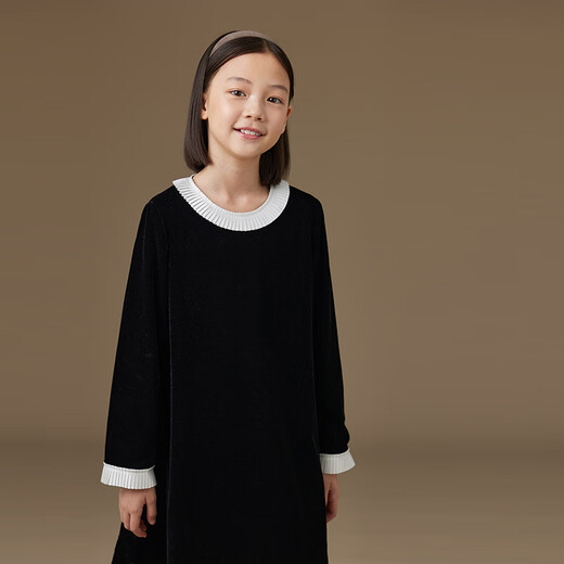 Haqi children's clothing autumn and winter French Hepburn style children's lace velvet girls long-sleeved dress thick mousse black 160