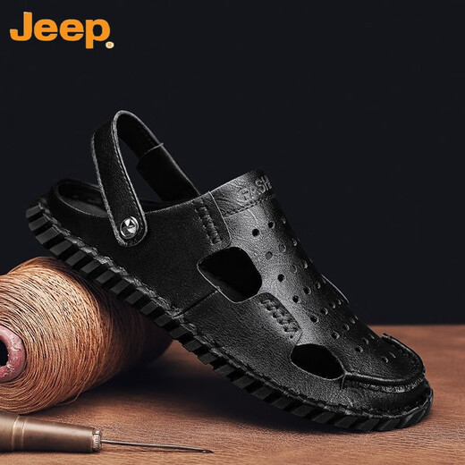 Jeep (Jeep) Sandalias Baotou para hombres de doble uso de hombres 2023 Summer NUEVO estilo al aire libre Driver de dos lados Sandalias de cuero de playa transpirable 12033 Hy Black 40