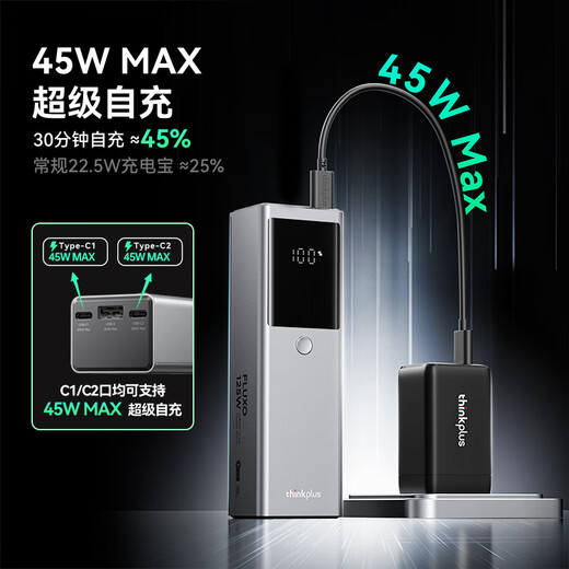 ThinkPlus New 3C Certification Lenovo Frontier Power Bank 125W Fast Charging 12800 mAh Laptop Savior y7000pPD Protocol Applicable for Apple 17 Huawei Lenovo