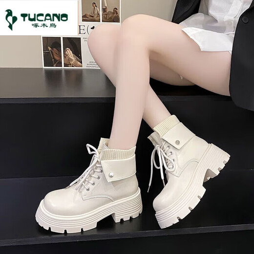 啄木鸟炸街感瘦瘦靴英伦风马丁靴女2025秋冬新款ins潮炸街短靴轻便女靴 米色单款靴 收藏加购优先发货 37 标准尺码