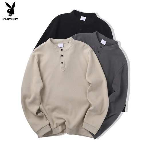 Playboy Stand Collar Sweatshirt Men's Spring and Autumn 2025 New Loose Henley Collar Heavy Long Sleeve Bottoming Shirt Pullover Jacket Cement Gray M