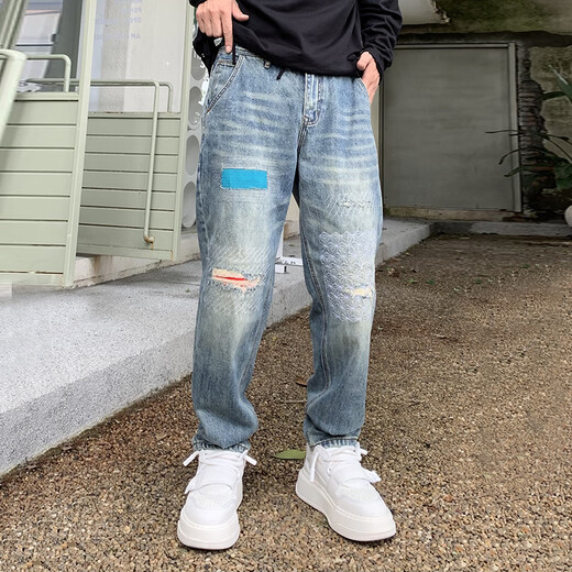 Meiyao Frühling und Herbst Amerikanische Freizeit und gutaussehende Graffiti-gedruckte Retro-Jeans-Männer gerade losen losen Weitbeindaddad Hose, Deep Khaki Farbe 9227 Loose Straight 38 185-200jin [Jin gleich 0,5 kg]