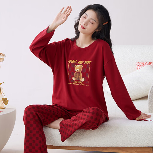 Palando Women's Pajama Set Wedding Festive Home Suit 2025 Spring and Summer Pure Cotton Red Native Year Round Can Wear Outer Pajamas Pa-QM 9227 Women XL Pa-(Female)