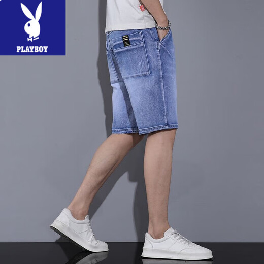 Playboy (Playboy) Denim Shorts Herren Sommer dünne koreanische Stil trendy losen geraden Männer lässige, hübsche hübsche Fünf-Punkte-Mid-Hose 671 Blue Grey 1 Strip 34 (2 Fuß 7)