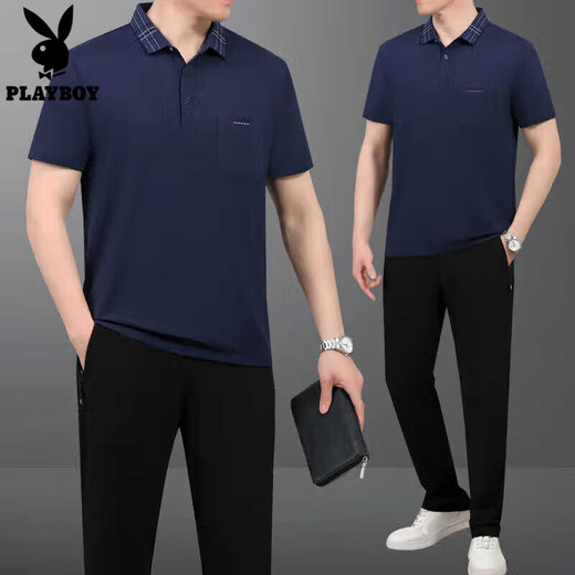 花花公子（PLAYBOY OUTDOOR）爸爸夏装冰丝短袖T恤运动套装男士夏季中老年父亲节休闲跑步套装 687-墨绿【短袖+短裤】 5XL【200-220斤左右】