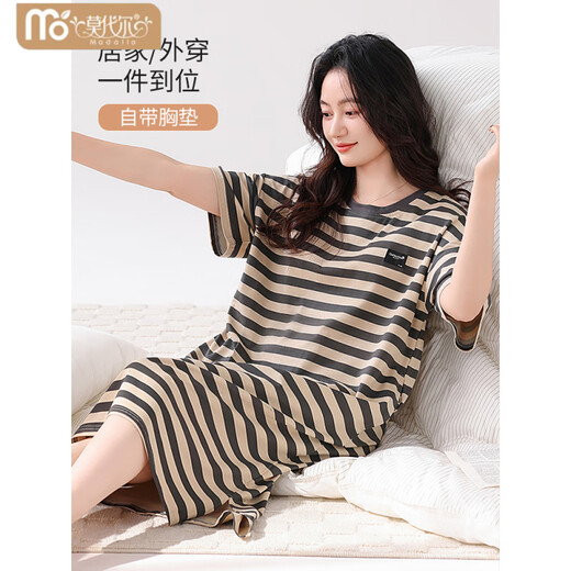 Victoria's style 2025 new nightgown with chest pad for women's summer cotton short-sleeved thin striped mid-length pajamas home clothes skirt with chest pad 14103 L 165 Recommended weight 100-120 Jin [Jin equals 0.5 kg]