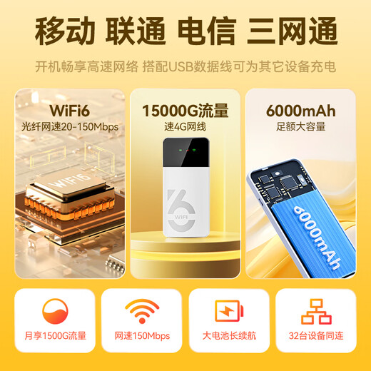 Yinyu portable wifi triple network universal card-free wireless wifi6 car 4G5G router portable internet treasure mobile Unicom telecom high speed nationwide universal 2025 new triple netcom 6000 mAh super long battery life + nationwide universal