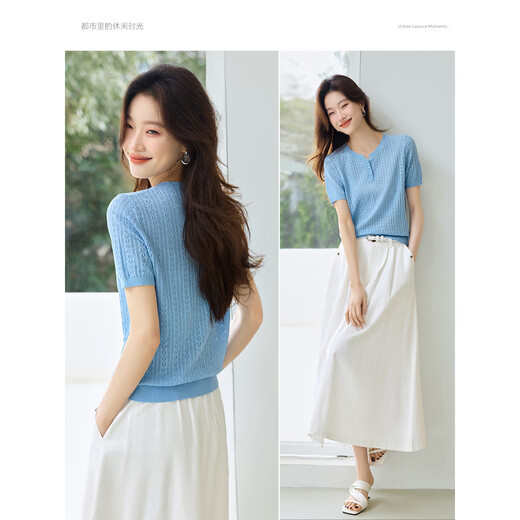 Mo Hanyimei [modischer Retro-Stil ausgehöhltem runden Hals halb geöffneter Placket kurzärmeliger Pullover] 2025 Sommer neu gestrickter Pullover Sky Blue M.