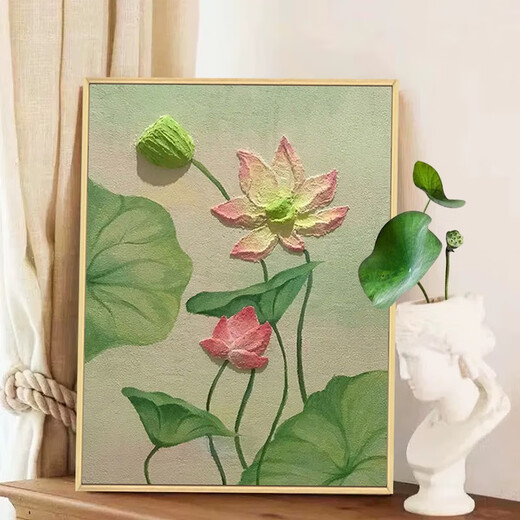 中国风荷花肌理画石英砂diy手工绘全套材料包中式装饰画数字油画 qx12625肌理画送全套材料包 30*40cm加厚实木内框