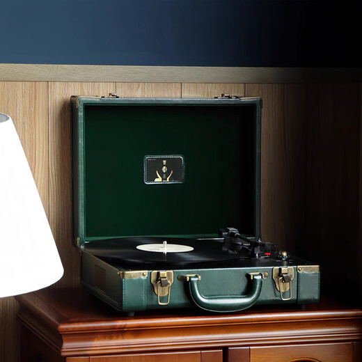 ROBERILLINE German Berlin Sound Wooden Vinyl Record Player Portable Bluetooth Audio Integrated Leather Case Gramophone Retro CD Player Living Room Decoration Classical Brown + Two Vinyl Records