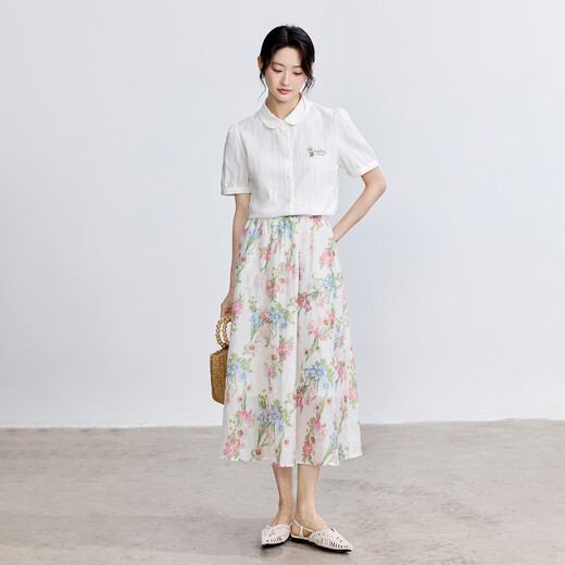 茵曼（INMAN）纯棉文艺绣花短袖白衬衫女2025夏季舒适百搭通勤翻领衬衣上衣 珍珠白 L