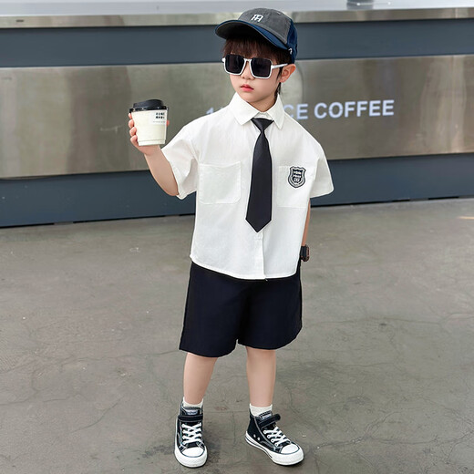 G.DUCKKIDS Little Yellow Duck Boys Suit Summer College Style Children's Suit Performance Suit Boys White Shirt Black Pants Two-piece Set White Shirt + Black Pants + Tie 140 Recommended for 9 to 10 years old [130-140cm]cm