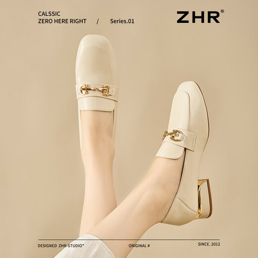 ZHR单鞋女英伦风舒适方头乐福鞋女两穿粗跟透气皮鞋女 K196 米色 36