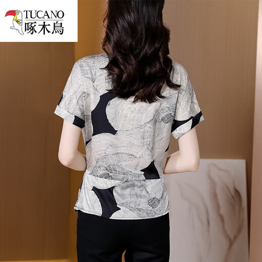Woodpecker cool counter genuine silk short-sleeved T-shirt for women 2025 summer new fashionable fashionable small shirt high-end mulberry silk 9918 peony M