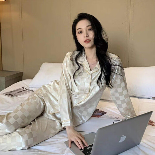 ZIPJBX睡衣女春秋两件套长袖仿真丝绸薄款夏天家居服套装 829#白色格子【长裤长袖】 M 【80-100斤】