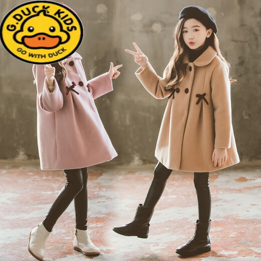G.DUCKKIDS Girls' Autumn and Winter Style Double-sided Woolen Coat for Medium and Large Children Korean Style Western Style Children's Thickened Woolen Cotton Coat Coat Trendy Pink Bow Woolen Coat 120 Recommended for 6-7 years old