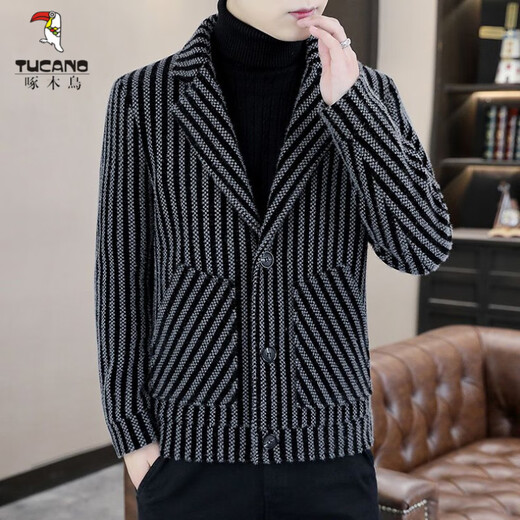 
Woodpecker (TUCANO) 2025 Autumn and Winter Woolen Suit Lone Jacket Top Men's Korean Style Handsome Young Vertical Striped Tweed Jacket Trendy Gray M [90-110Jin [Jin equals 0.5 kg]]
