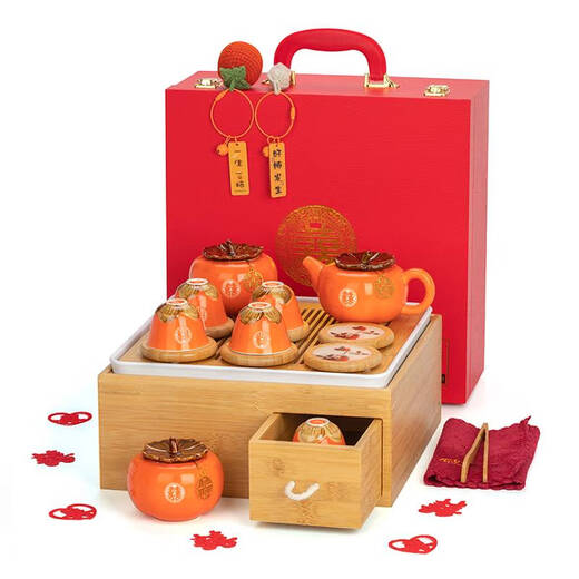 Yusen Yi Persimmon Ruiyi Génières de mariage pour les débutants pour des amis et des ensembles de thé pour les mariées et les meilleurs amis Dows pour les kakis nouvellement engagés un pot six tasses () Boîte-cadeau HQ693
