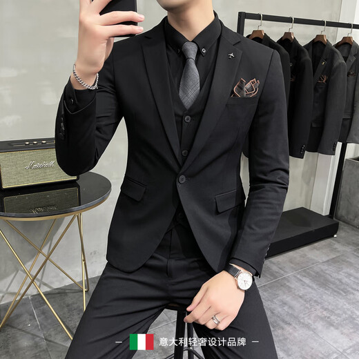 BUSYCONG轻奢品牌西服套装男士潮流韩版修身结婚礼服商务休闲西装三件套 9889#双扣黑色西装+马甲+西裤 S
