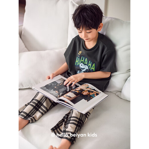 Benny Bear Bear Children's Pajamas Summer Pure Cotton Short Sleeve Trousers Plaid Snoopy Parent-Child Set Girls Large Size Home Clothing TD1105 (can be worn by both boys and girls) 120 (size 10)