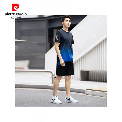 皮尔卡丹男士跑步速干休闲运动套装男夏季薄款加肥加大码短袖两件羽毛球服 蓝色 9902 L 90-110斤