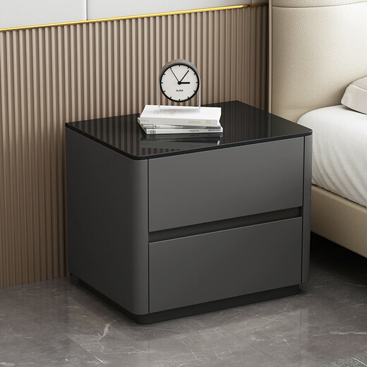 All solid wood light luxury bedside table simple and high-end storage cabinet 2025 new modern paint storage cabinet bedside cabinet dark gray 3C tempered glass 50x40x50cm