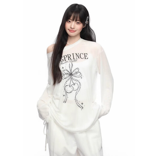 
Micro-transparent sunscreen blouse long-sleeved T-shirt for women's summer thin printed loose slimming top insGXXX96-60029 White L
