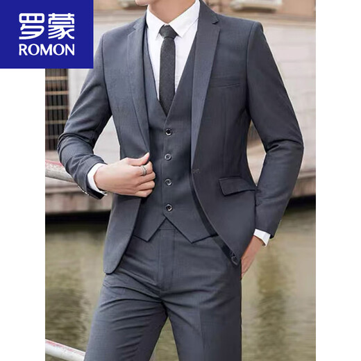 罗蒙（ROMON）西服套装男士西装外套职业正装上班面试黑色伴郎工作服商务小西服 两粒扣黑色西服+西裤+衬衫+领带 2XL 130-145斤