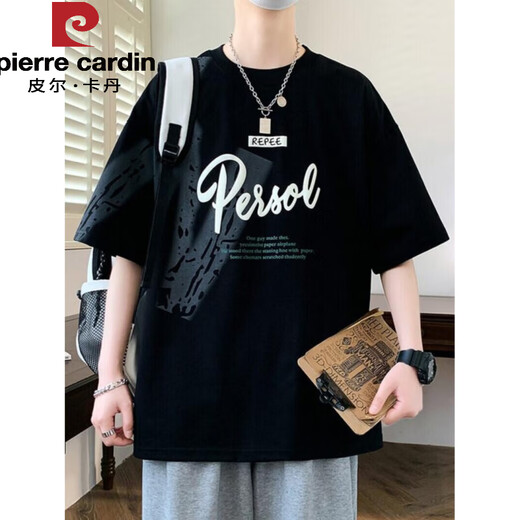 皮尔卡丹（pierre cardin）短袖男夏季潮牌字母印花圆领半袖体恤美式休闲男士落肩袖宽松T恤 693米白色 M  【80-100斤】