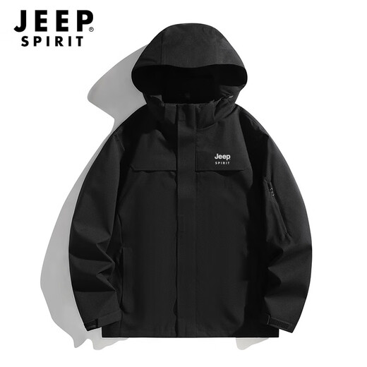 JEEP SPIRIT Jacket Men's Three-in-One Outdoor Fleece Mountaineering Jacket Men's Winter Coldproof Jacket Men's Black XL