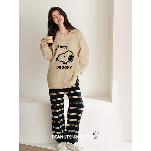 Benny Bear Beiyan Autumn and Winter Coral Velvet Couple Pajamas Women's Snoopy Warm Home Clothes Loose Men's Half Velvet Suit F60435 Women's L Size