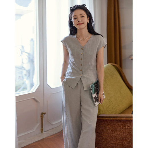 德玛纳【清风自来】夏季呼吸感莱赛尔套装V领开衫直筒休闲裤女式两件套