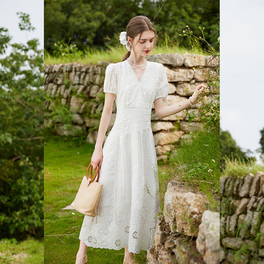 Cierro blanco con cuello en V de encaje empalmado Falda de línea A 2025 Summer NUEVA Temperatura Jacquard Vestido largo con blanco M blanco
