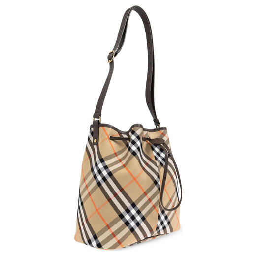 博柏利（BURBERRY）经典格纹抽绳开合 棉 水桶包斜挎单肩包 女款 米色 基础装（包+防尘袋）