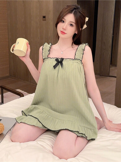 Poresno Fat Sister Pajamas 200 Jin [Jin equals 0.5 kg] Chest pad suspender shorts for women summer pure cotton large size sexy short-sleeved vest home Y-2629# green [yunduo cotton] chest pad removable XL code [recommended 120-140 Jin [Jin equals 0.5 kg]] All size