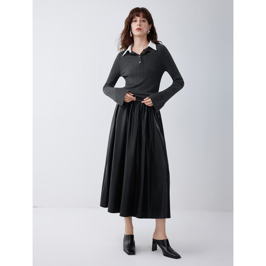 ELLE French high-end sheep wool textured sweater for women 2025 autumn new simple slim sweater dark gray S