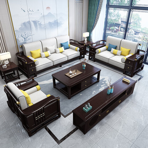 Nr. 1 Haoting Massives Holzsofa Wohnzimmer Neue chinesische Möbel Kleine Einzel- und Doppel-Dreifach-Sofa 2025 Neues Modell 9906# SaTenstoff vier Personen + Imperial Couch [Rahmen] Baumwolle und Linienstoff