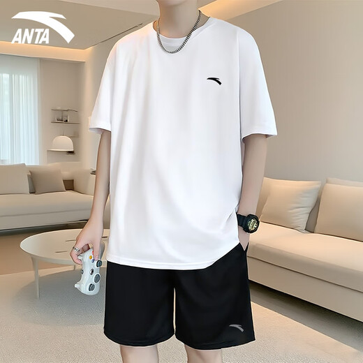 Anta Sports Suit Men's Summer New Ice Silk Derre rapide T-shirt à manches courtes à manches courtes Men Fitness Fitness Running Top Shorts Pure White L