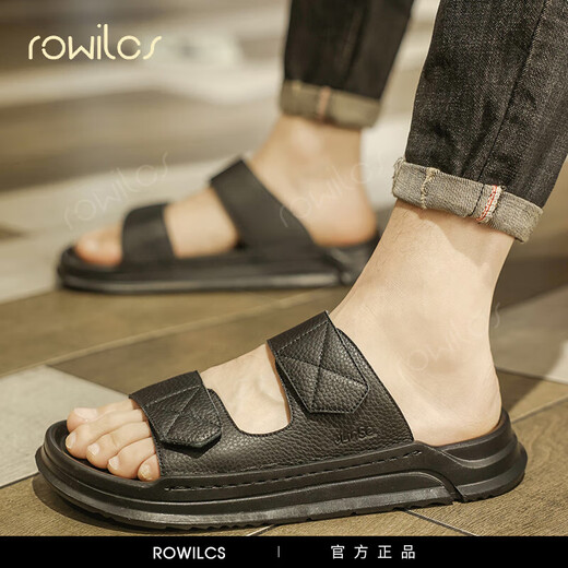 rowilcs品牌高档拖鞋男2025新款夏季户外穿耐磨高端男士沙滩鞋开车凉鞋男 黑色 38
