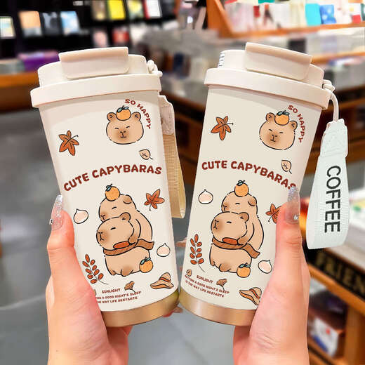 Chengliu Kapibala Thermos Cup große Kapazität Student Tragbares Doppelgetränk Kaffeetasse Neue Männer und Frauen Strohwasserschale hohe Aussehen White-BXAB13562 Capybara + mit Lanyard 316 Edelstahl