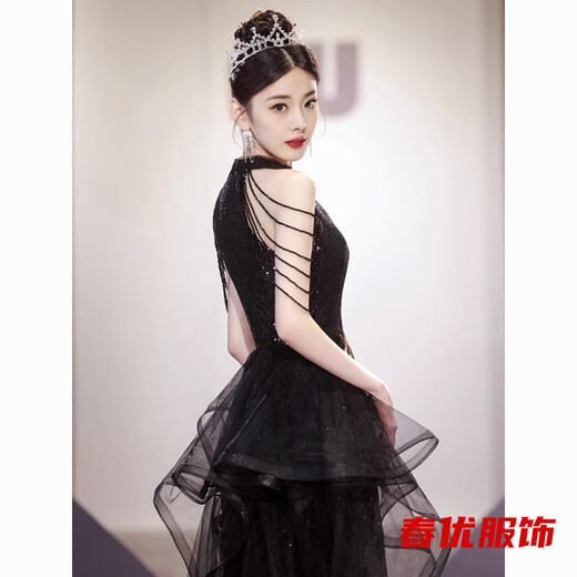 Bajintu black gold halter neck evening dress new style banquet engagement high-end light luxury host art exam performance adult ceremony black gold-halter neck L