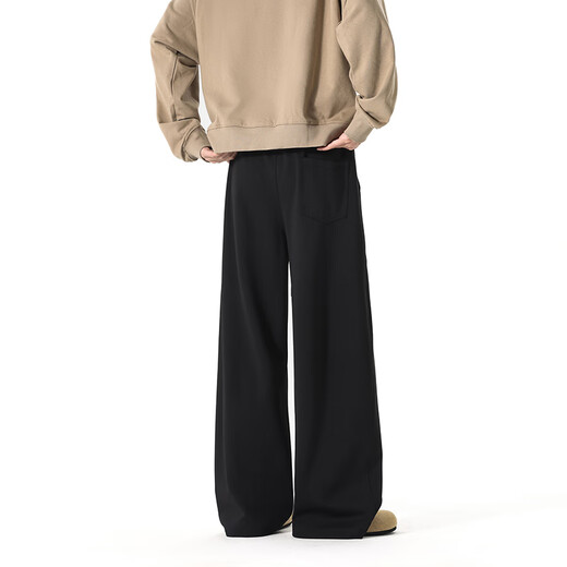 Homlean American solid color sports casual pants for autumn men's simple fashion loose straight wide leg long pants JX15 black XL