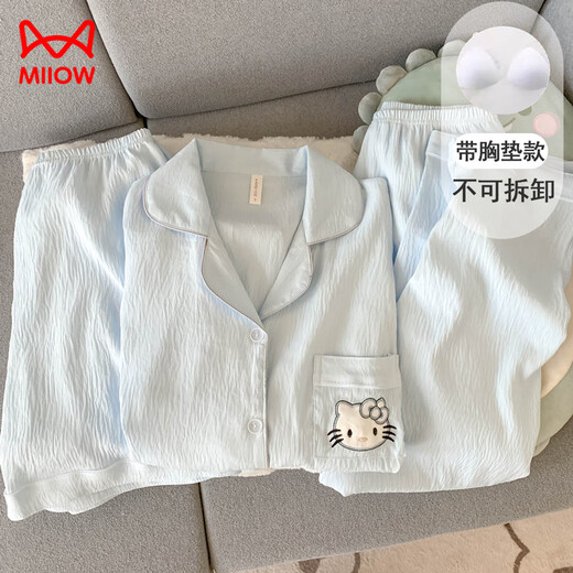 猫人（MiiOW）带胸垫彩色波点睡衣女短袖长裤夏款纯棉纱布三件套开衫家居服夏季 (没有胸垫)云朵棉-9905#黑爱心三 M 【建议75-100斤】
