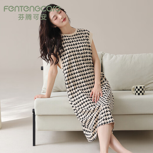 FENTENGCARE nightgown with chest pad summer imitation cotton-sleeve round neck pullover can be worn outside with large size women's home clothes pajamas Q2