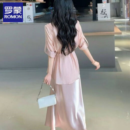 罗蒙绸缎连衣裙两件套女欧洲站2025春夏新款遮肚显瘦天丝收腰衬衫吊带 冰川蓝 套装 L 建议110-140斤