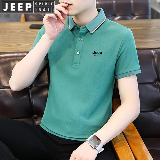 JEEP SPIRIT吉普短袖T恤男半袖上衣POLO男士新款夏季休闲商务中青年条纹半截 6636灰绿 XL -(130斤-145斤)