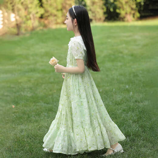 G.DUCK KIDS girls' dress summer 2025 new fashionable children's chiffon floral skirt thin big children's summer cotton skirt 6630 light blue free pearl headband 160 cm