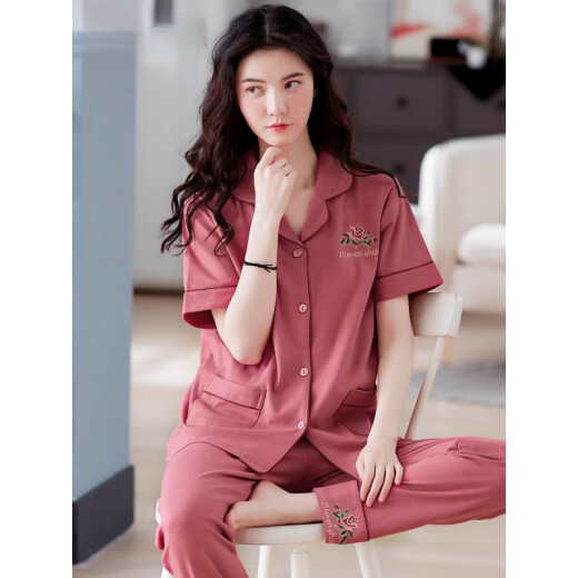 浪莎（LangSha）2025年新款睡衣女士夏季短袖长裤妈妈大码家居服夏天薄款可外穿 Q9928 M [建议80-105斤]