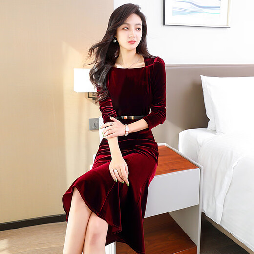 Homesee light luxury international high-end brand dress burgundy velvet feminine wedding dress for mother-in-law and mother-in-law wedding dress burgundy (comes with belt HZ) 2XL suitable for 126-135Jin Jin is equal to 0.5 kg